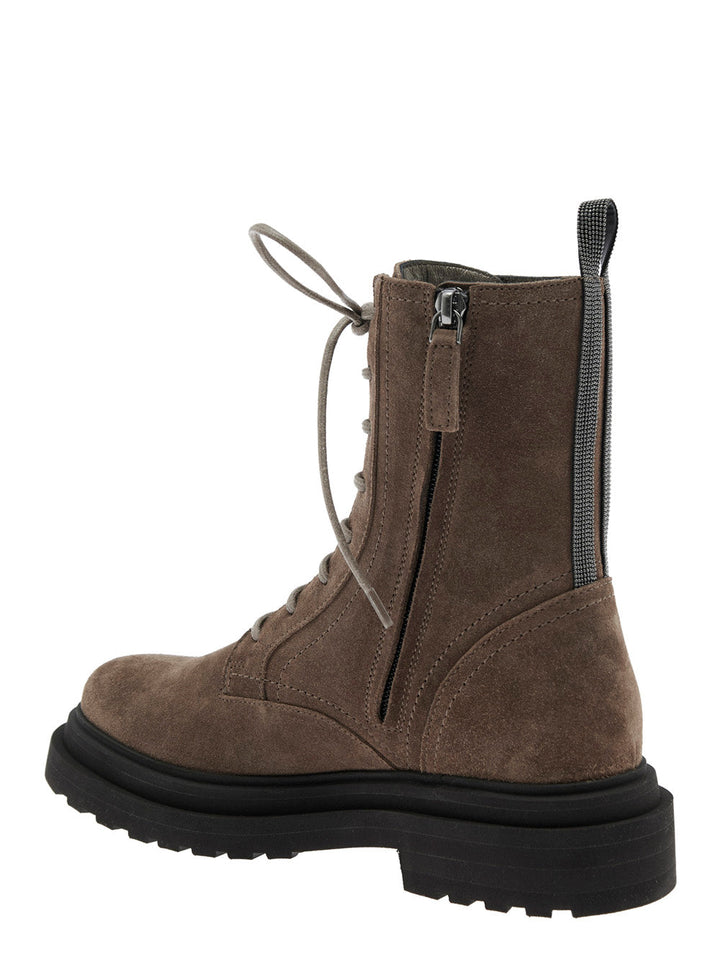 Brunello Cucinelli Women Brown Ankle Boots With Monil Detail On The Rear And Side Zip Closure In Leather Woman