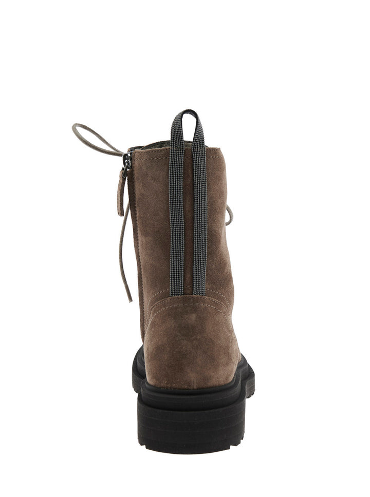 Brunello Cucinelli Women Brown Ankle Boots With Monil Detail On The Rear And Side Zip Closure In Leather Woman