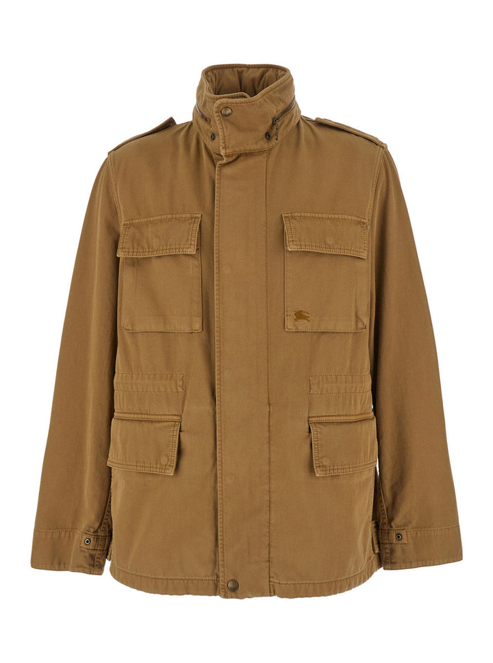 Burberry Men Beige High Neck Jacket With Ekd Embroidery On The Front In Cotton Man