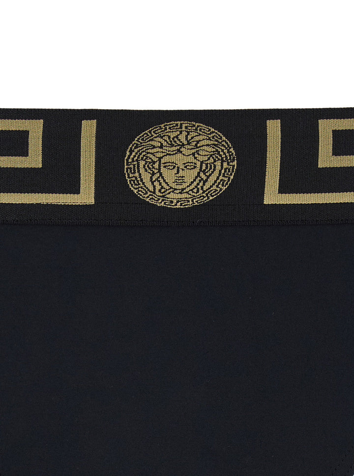 Versace Men Black Speedo With Greca Detail In Tech Fabric Man