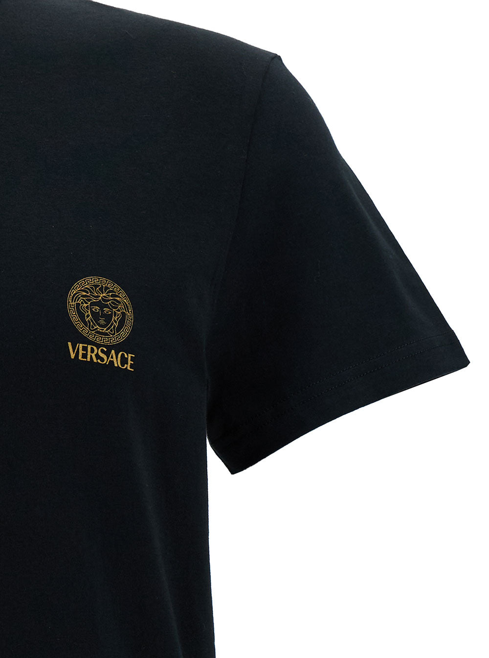 Versace Men Black Crewneck T-Shirt With Medusa Logo Print In Stretch Cotton Man
