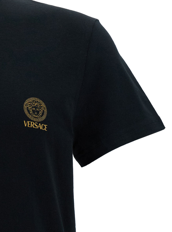 Versace Men Black Crewneck T-Shirt With Medusa Logo Print In Stretch Cotton Man