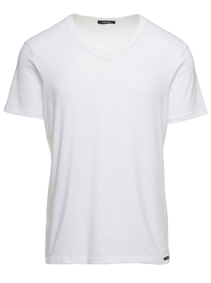 Tom Ford Men White T-Shirt With V Neck In Cotton Stretch Man