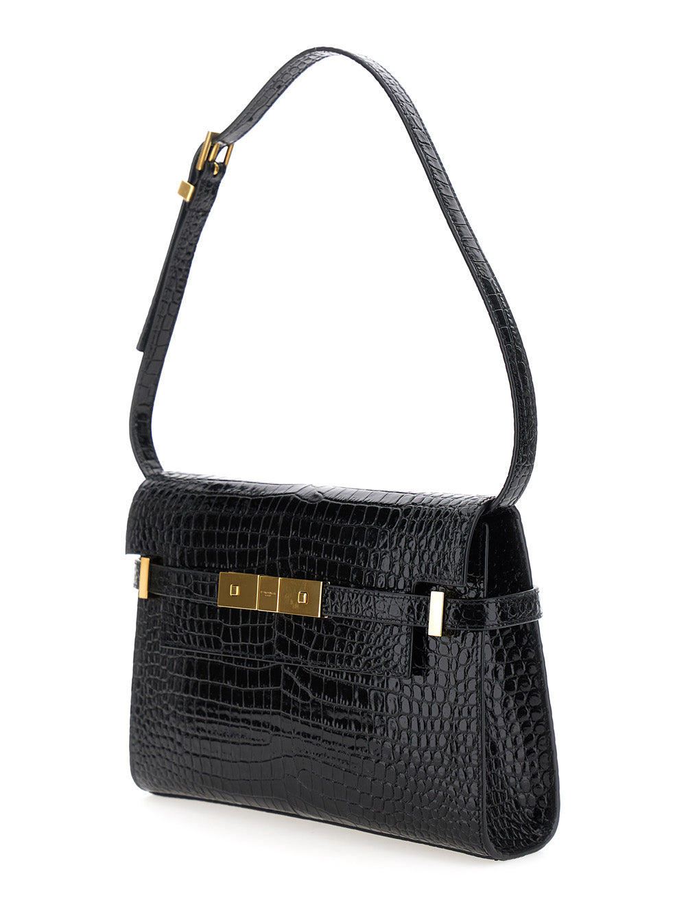 Saint Laurent Women 'Manhattan Small' Black Shoulder Bag In Shiny Croco Embossed Leather Woman