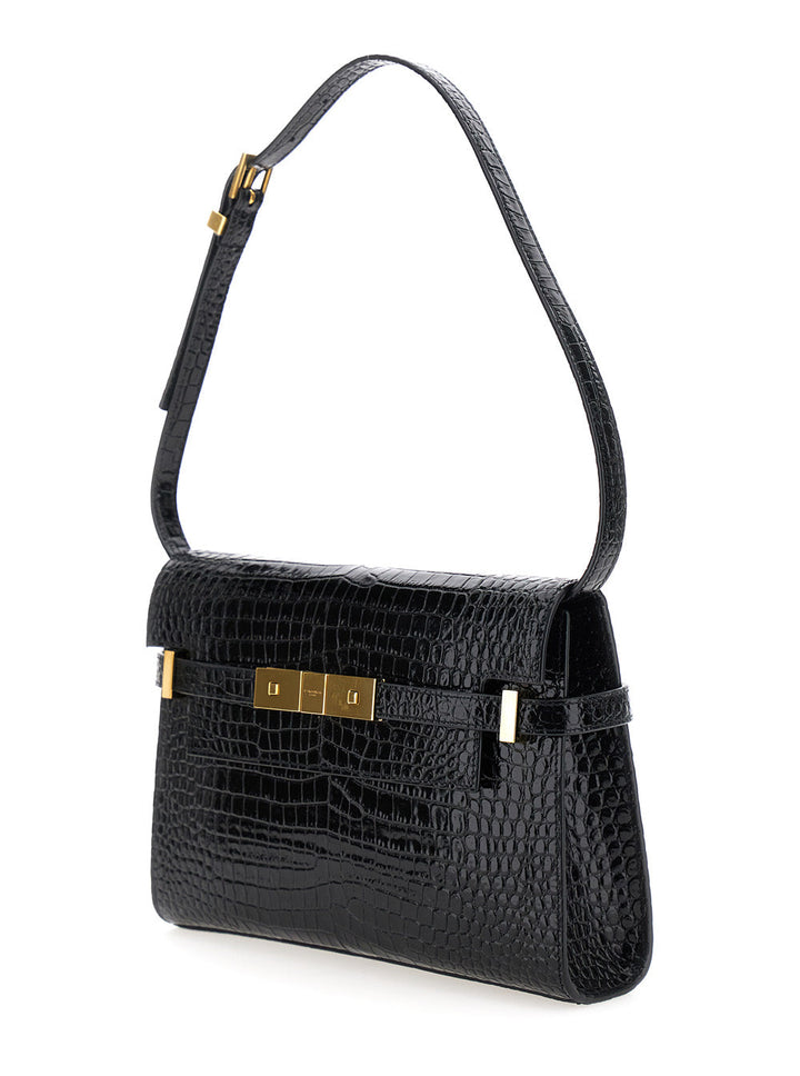 Saint Laurent Women 'Manhattan Small' Black Shoulder Bag In Shiny Croco Embossed Leather Woman