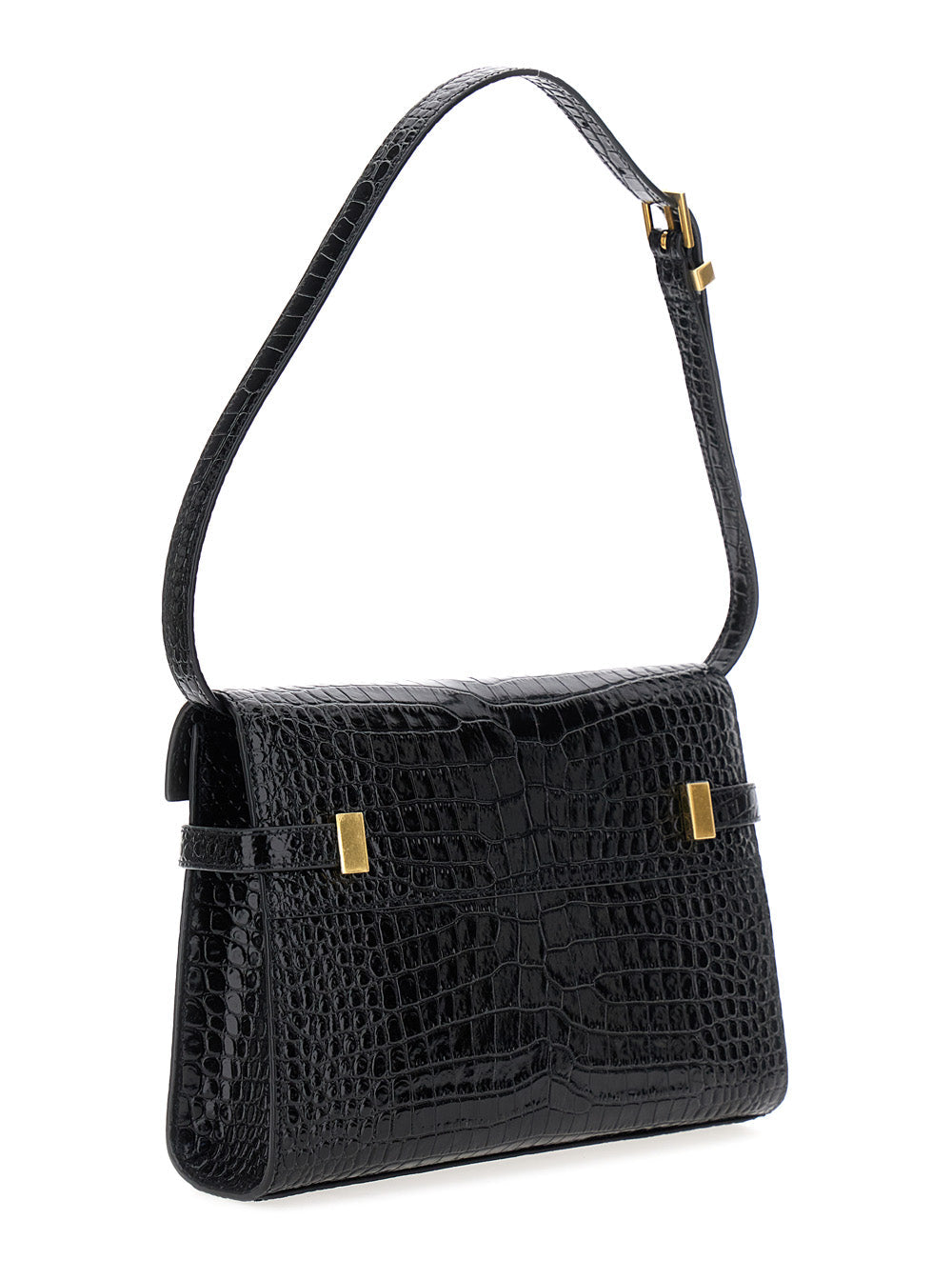 Saint Laurent Women 'Manhattan Small' Black Shoulder Bag In Shiny Croco Embossed Leather Woman