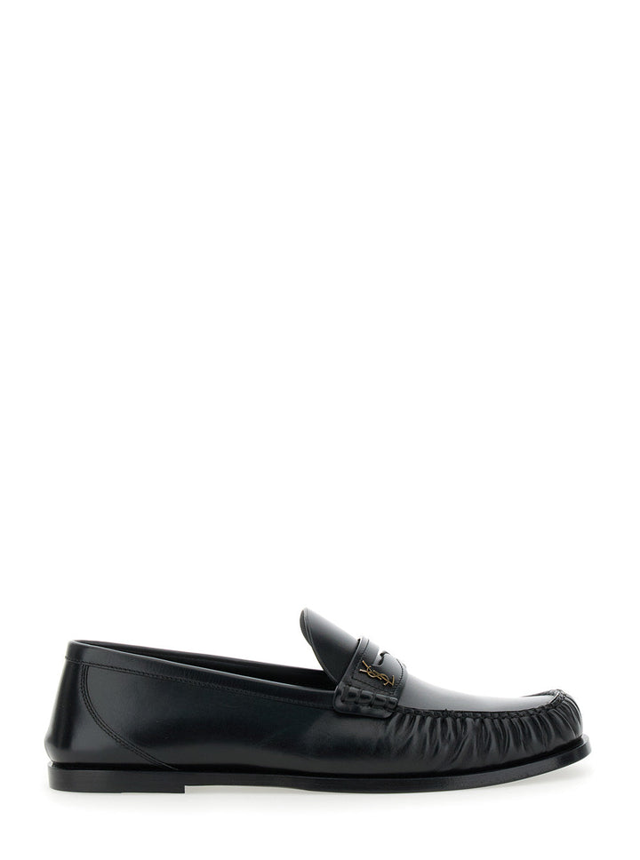 Saint Laurent Men 'Penny' Black Loafers With Metal Cassandre Logo And Curled Toe In Leather Man