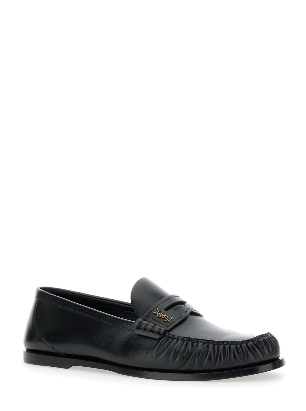 Saint Laurent Men 'Penny' Black Loafers With Metal Cassandre Logo And Curled Toe In Leather Man