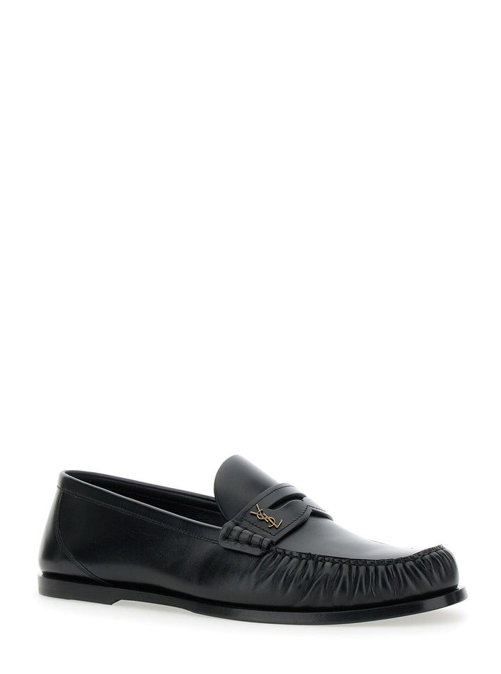 Saint Laurent Men 'Penny' Black Loafers With Metal Cassandre Logo And Curled Toe In Leather Man
