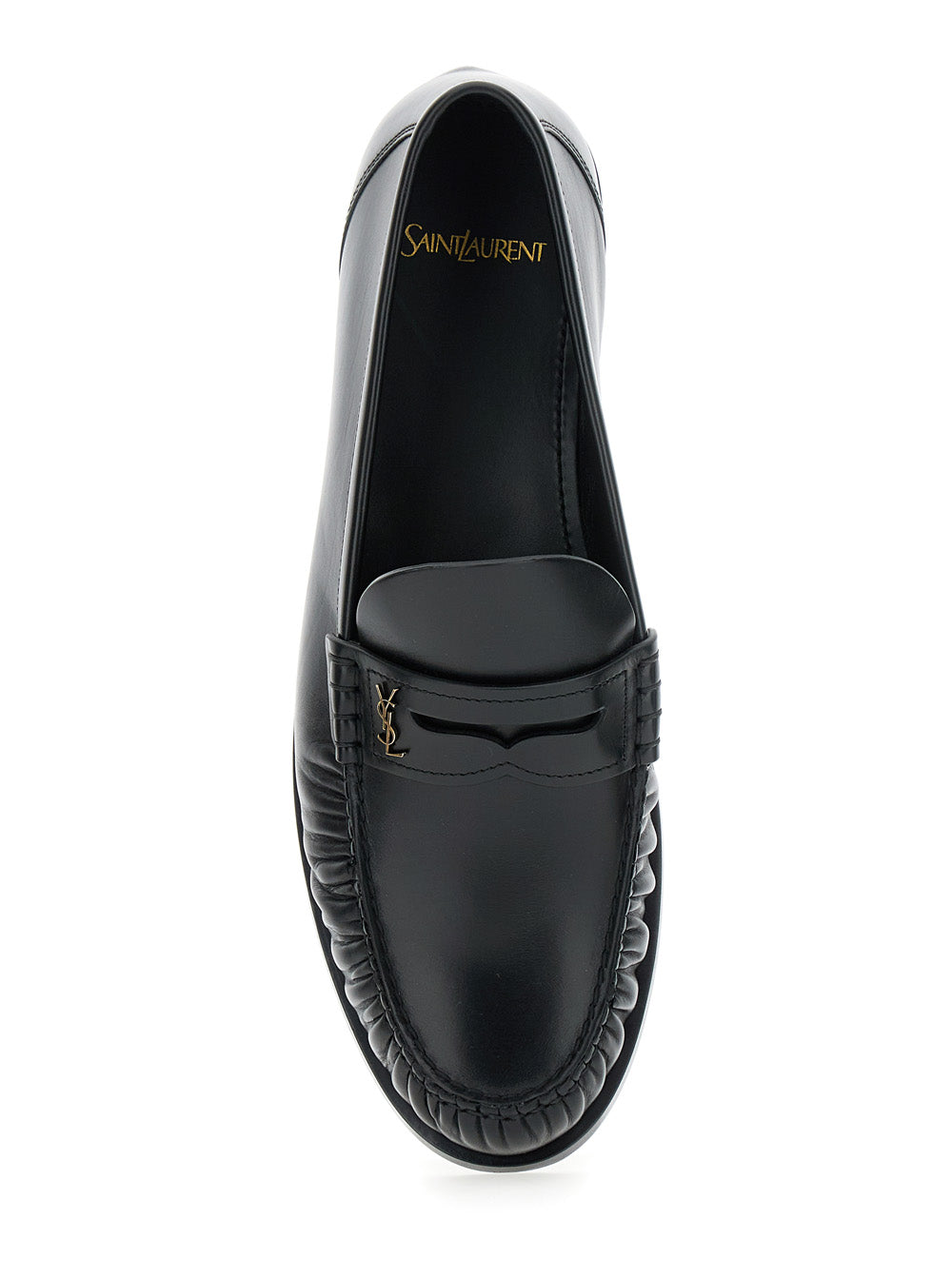Saint Laurent Men 'Penny' Black Loafers With Metal Cassandre Logo And Curled Toe In Leather Man