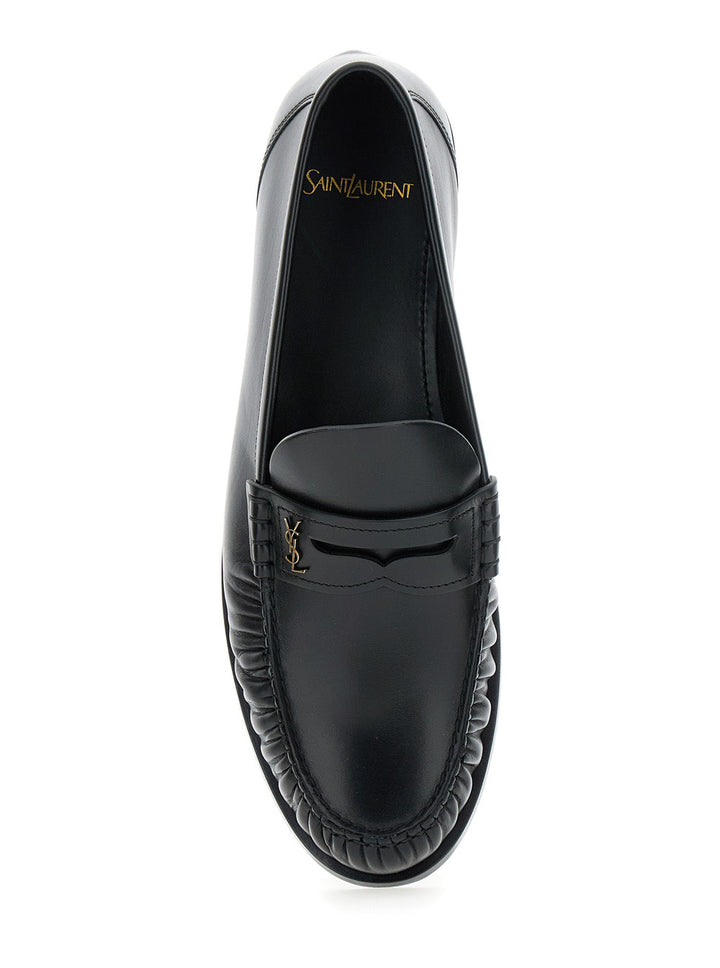 Saint Laurent Men 'Penny' Black Loafers With Metal Cassandre Logo And Curled Toe In Leather Man
