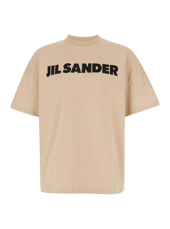 Jil Sander Men Beige Crewneck T-Shirt With Maxi Logo Lettering On The Front In Cotton Man