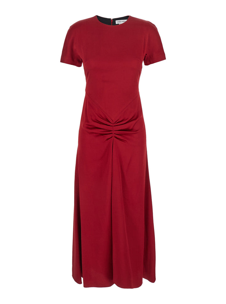 Victoria Beckham Women Red Crewneck Midi Dress With Gathered Waist And Rear Zip Closure In Viscose Blend Woman