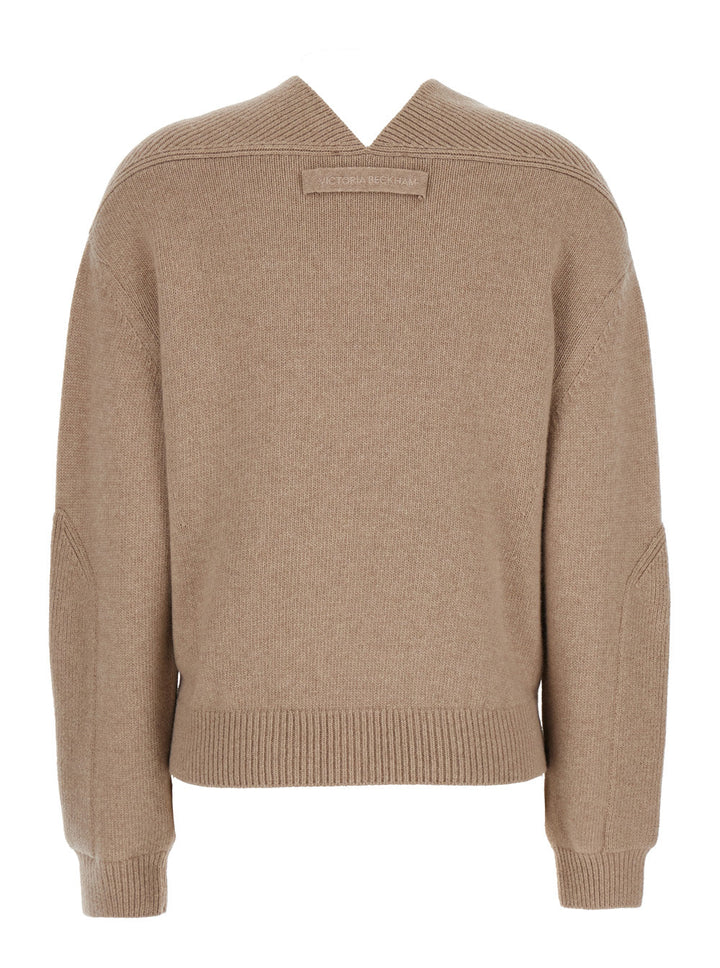 Victoria Beckham Women Beige Knit Sweater With V Neck On Front And Rear In Cashmere And Wool Woman