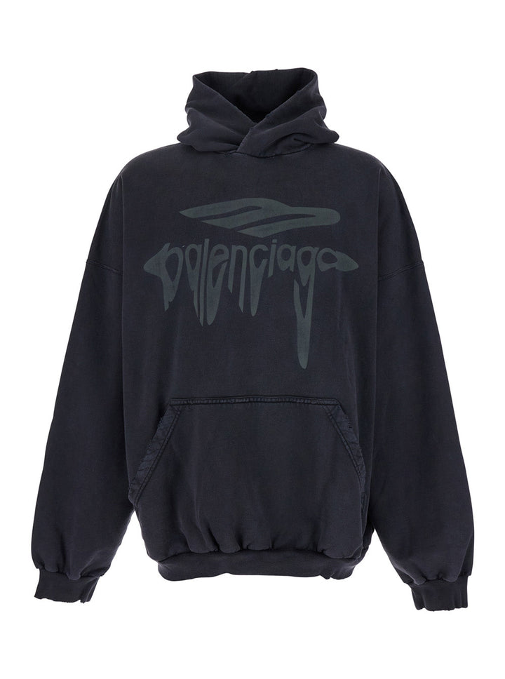 Balenciaga Men '3B Liquified' Black Hooded Sweatshirt With Front Logo In Cotton Man