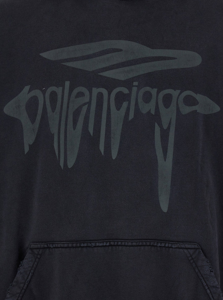 Balenciaga Men '3B Liquified' Black Hooded Sweatshirt With Front Logo In Cotton Man