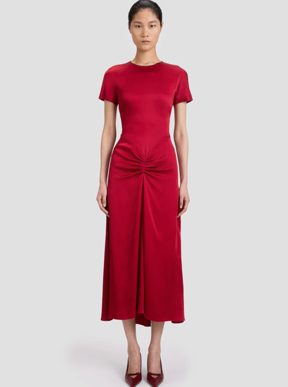 Victoria Beckham Women Red Crewneck Midi Dress With Gathered Waist And Rear Zip Closure In Viscose Blend Woman