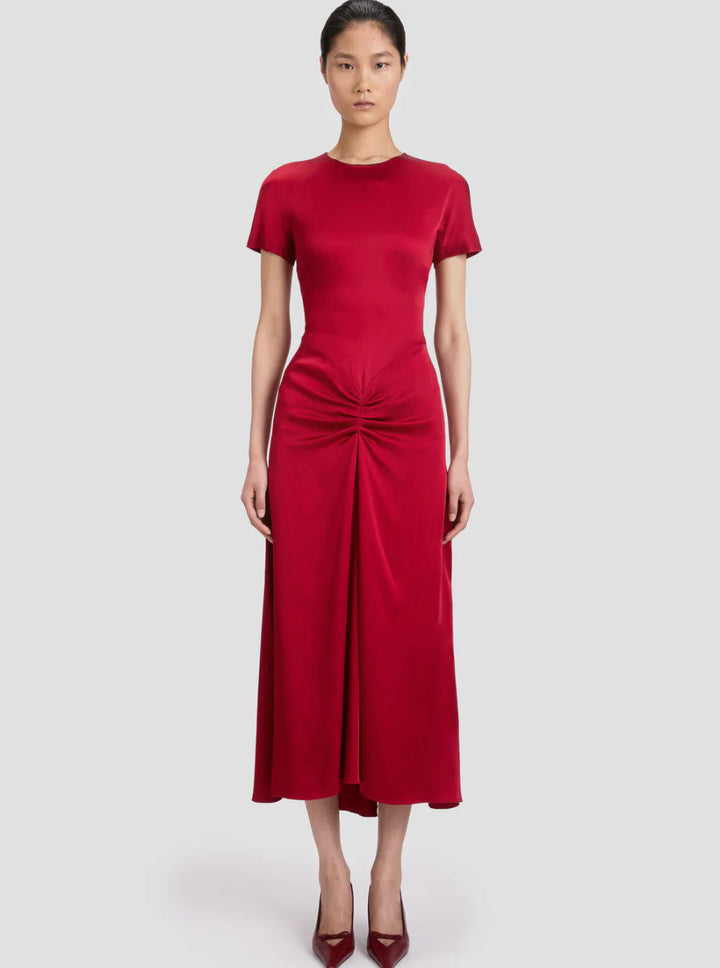 Victoria Beckham Women Red Crewneck Midi Dress With Gathered Waist And Rear Zip Closure In Viscose Blend Woman