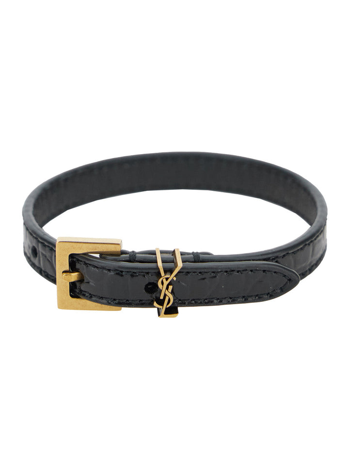 Saint Laurent Women 'Cassandre' Black Belt Bracelet In Croco Printed Leather Woman