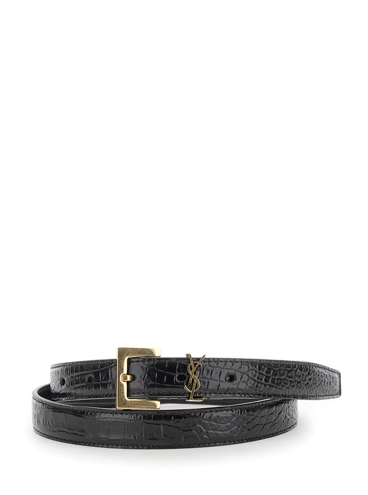 Saint Laurent Women Black Fine Belt With Cassandre Detail In Croco Printed Leather Woman