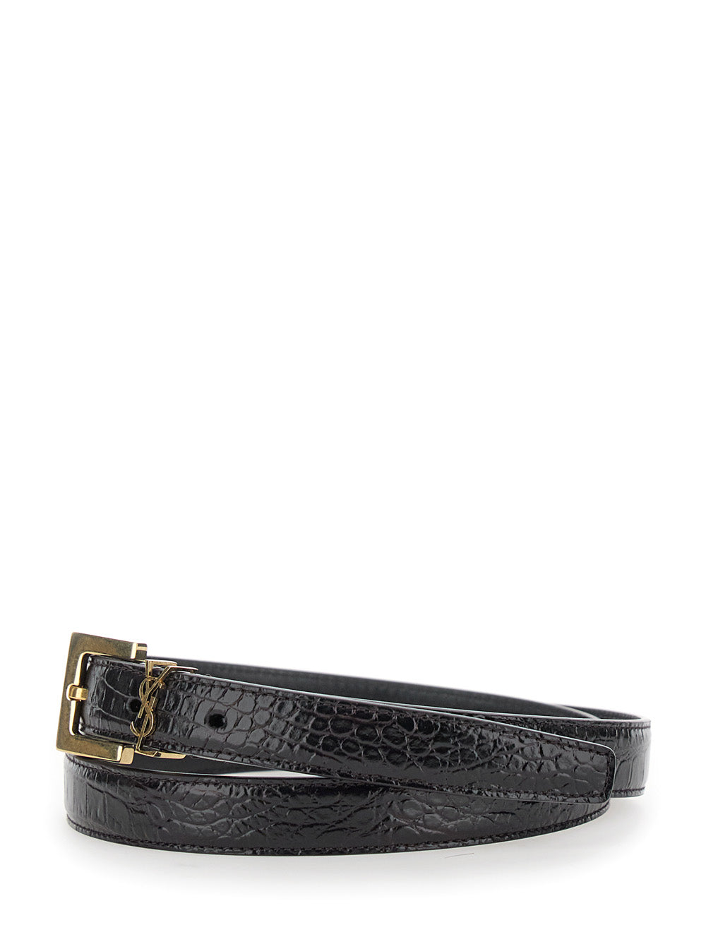 Saint Laurent Women Black Fine Belt With Cassandre Detail In Croco Printed Leather Woman