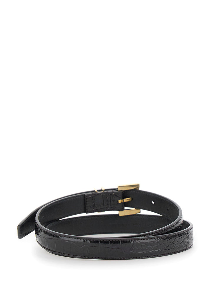Saint Laurent Women Black Fine Belt With Cassandre Detail In Croco Printed Leather Woman