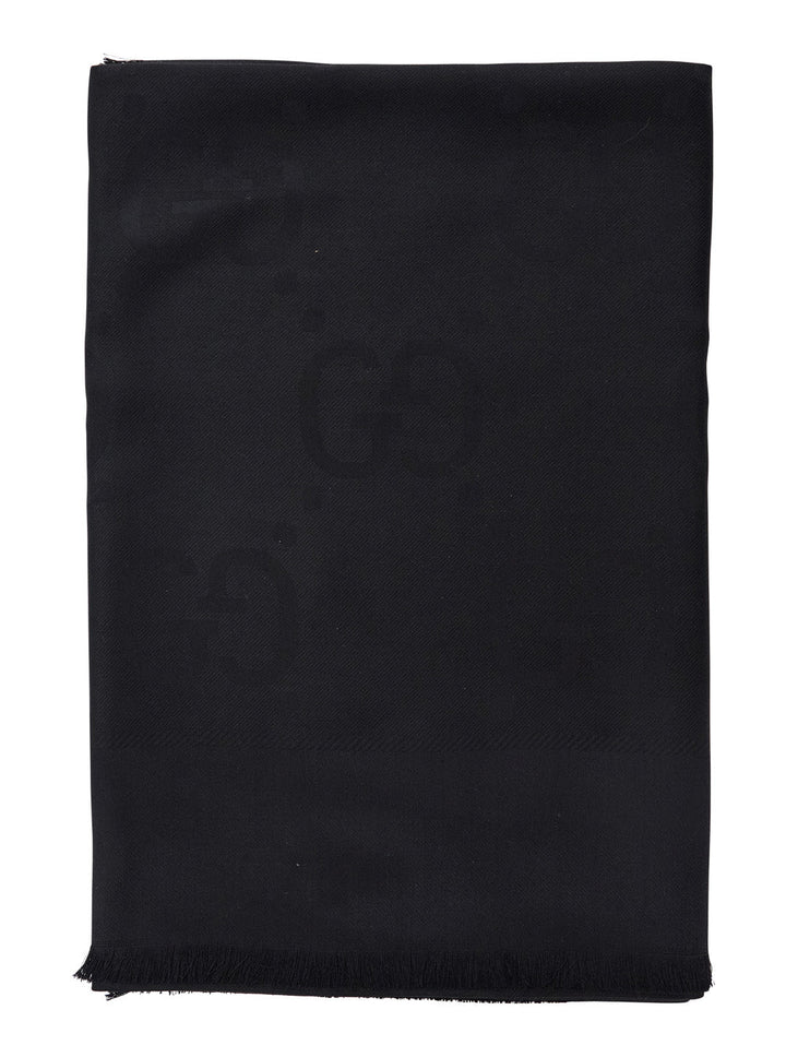 Gucci Women Black Scarf With Gg All-Over Motif In Wool Woman