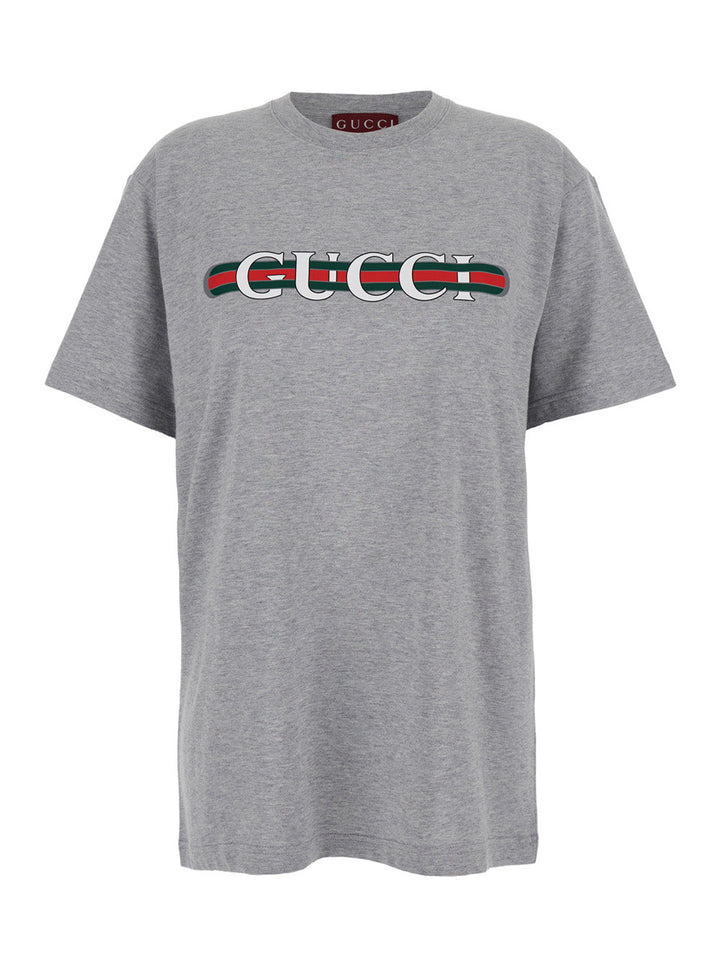 Gucci Women Grey Crewneck T-Shirt With Logo Lettering And Web Detail On The Front In Cotton Woman