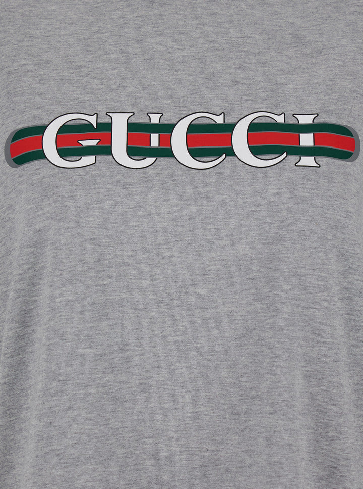 Gucci Women Grey Crewneck T-Shirt With Logo Lettering And Web Detail On The Front In Cotton Woman
