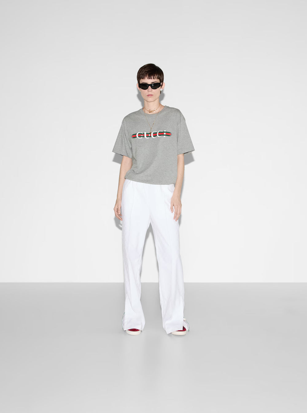 Gucci Women Grey Crewneck T-Shirt With Logo Lettering And Web Detail On The Front In Cotton Woman