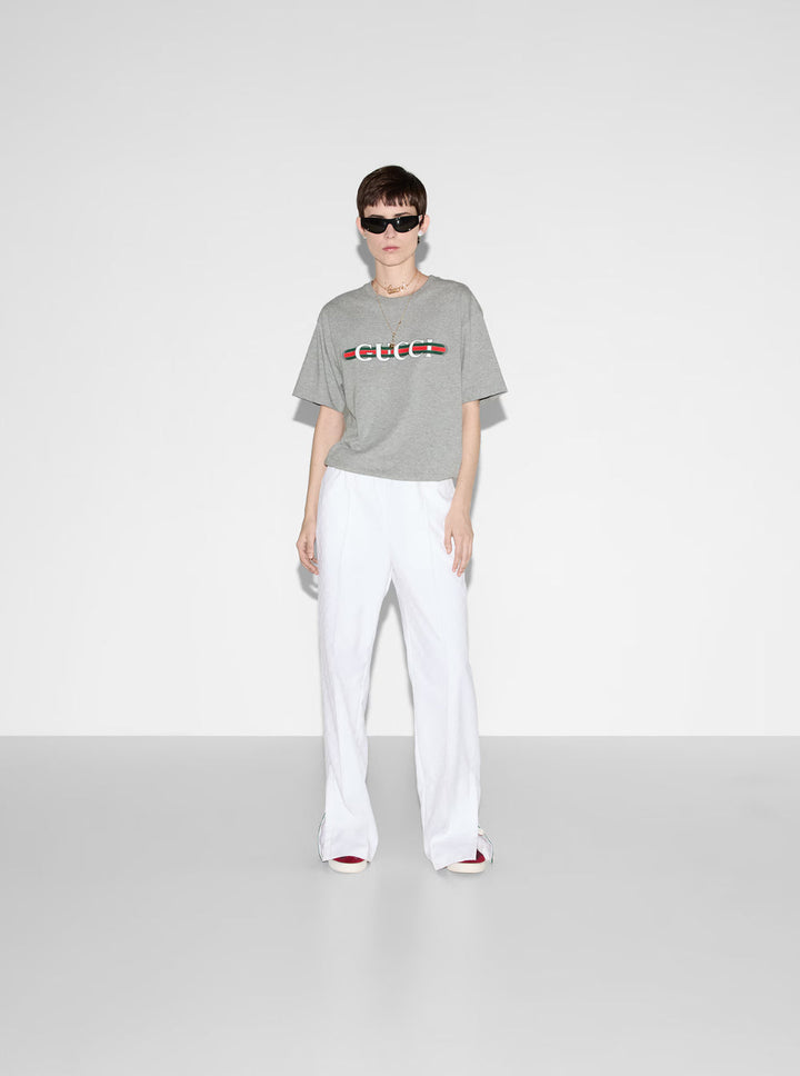 Gucci Women Grey Crewneck T-Shirt With Logo Lettering And Web Detail On The Front In Cotton Woman