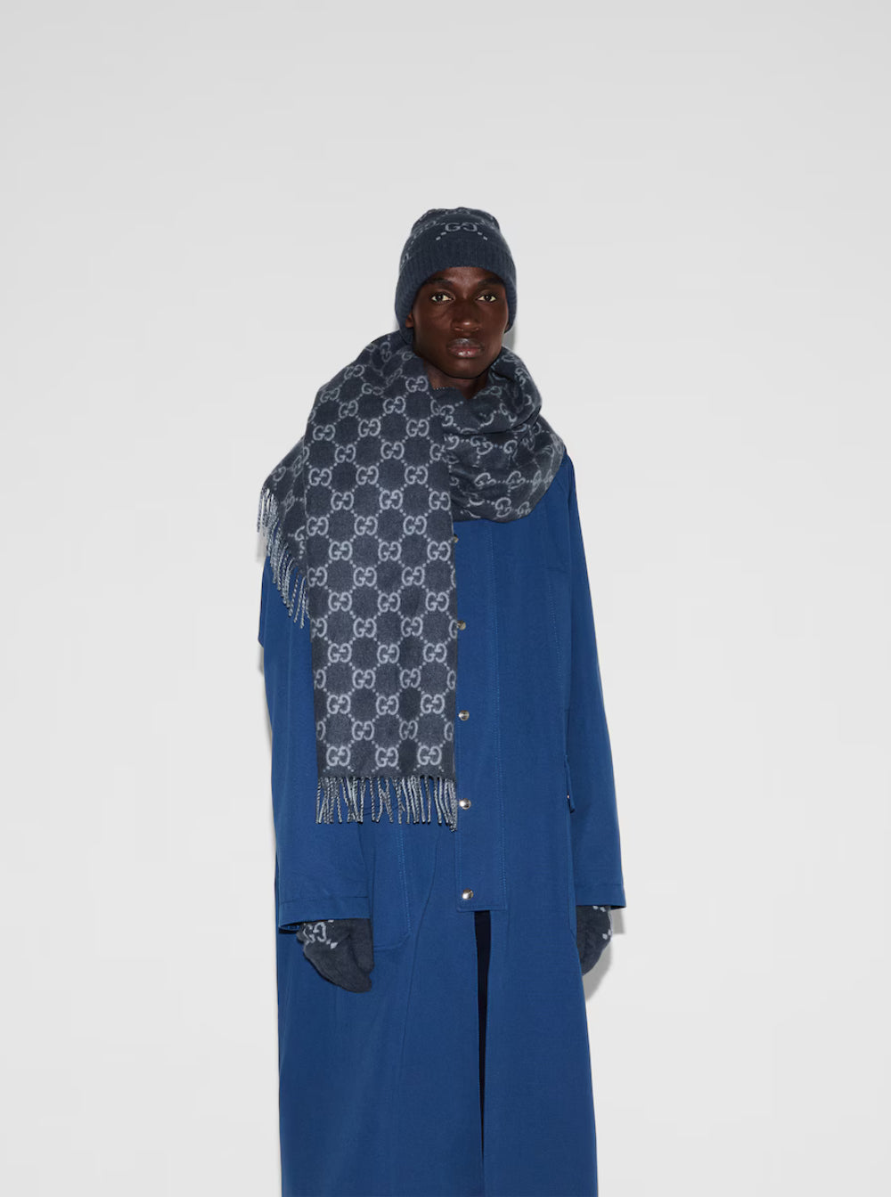 Gucci Men Blue Beanie With All-Over Gg Motif In Cashmere Woman