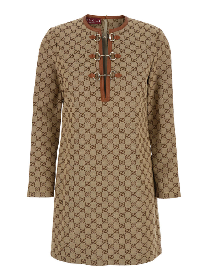 Gucci Women Beige Crewneck Mini Dress With Horsebit On The Front In Gg Canvas Woman