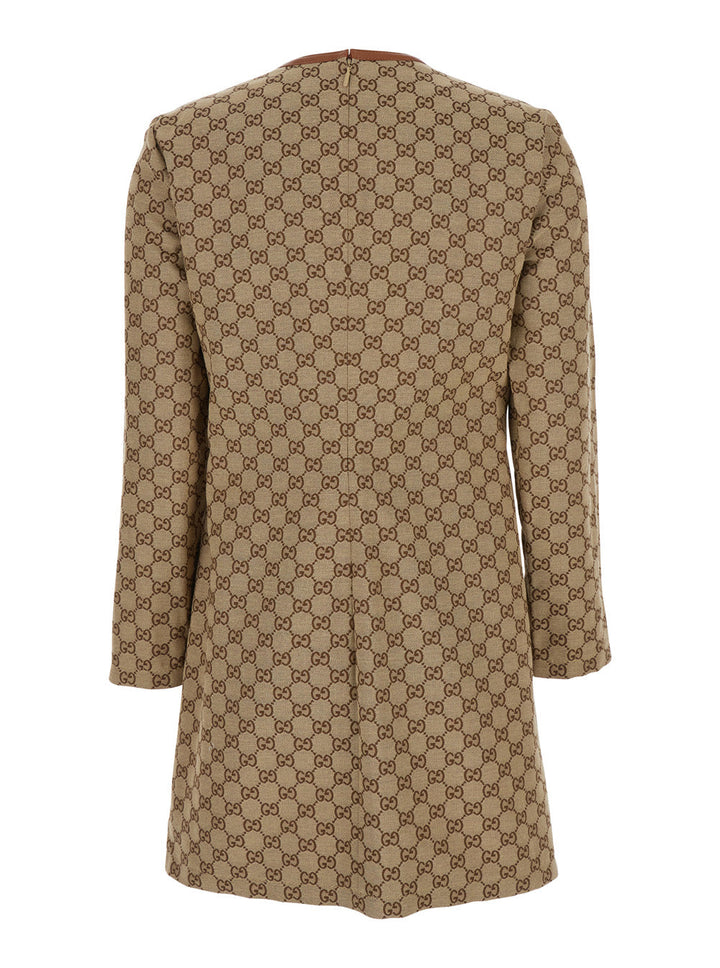 Gucci Women Beige Crewneck Mini Dress With Horsebit On The Front In Gg Canvas Woman