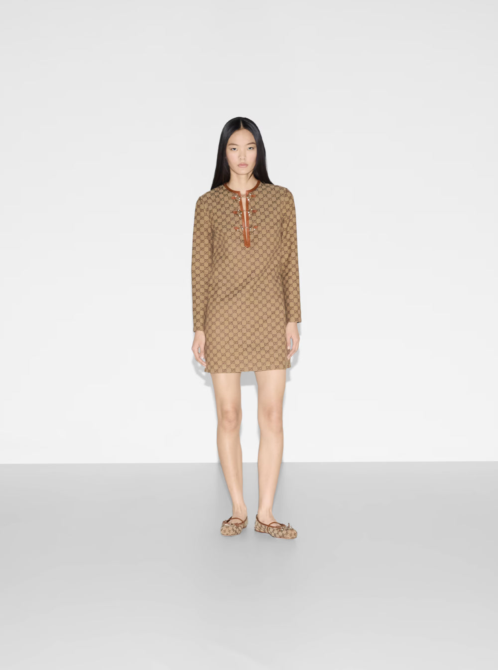 Gucci Women Beige Crewneck Mini Dress With Horsebit On The Front In Gg Canvas Woman
