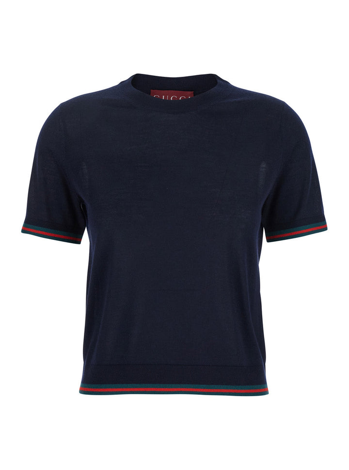 Gucci Women Blue T-Shirt With Web Detail On The Edges In Cashmere And Silk Blend Woman