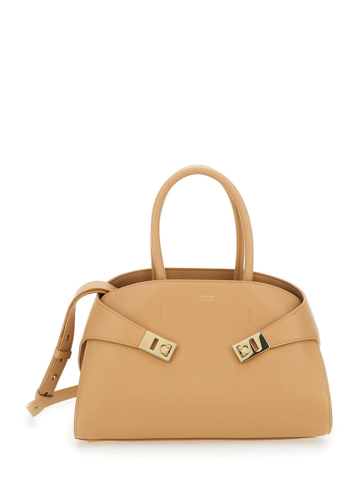 Ferragamo Women 'Hug Small' Beige Shoulder Bag With Logo And Gancini Buckle In Leather Woman