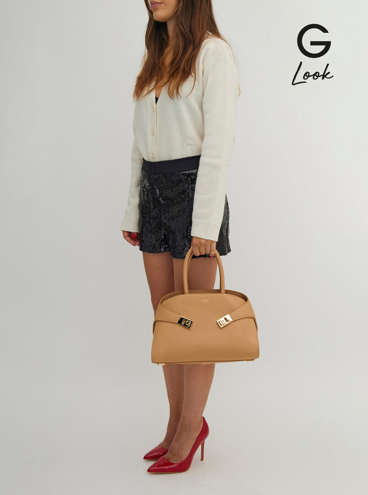 Ferragamo Women 'Hug Small' Beige Shoulder Bag With Logo And Gancini Buckle In Leather Woman