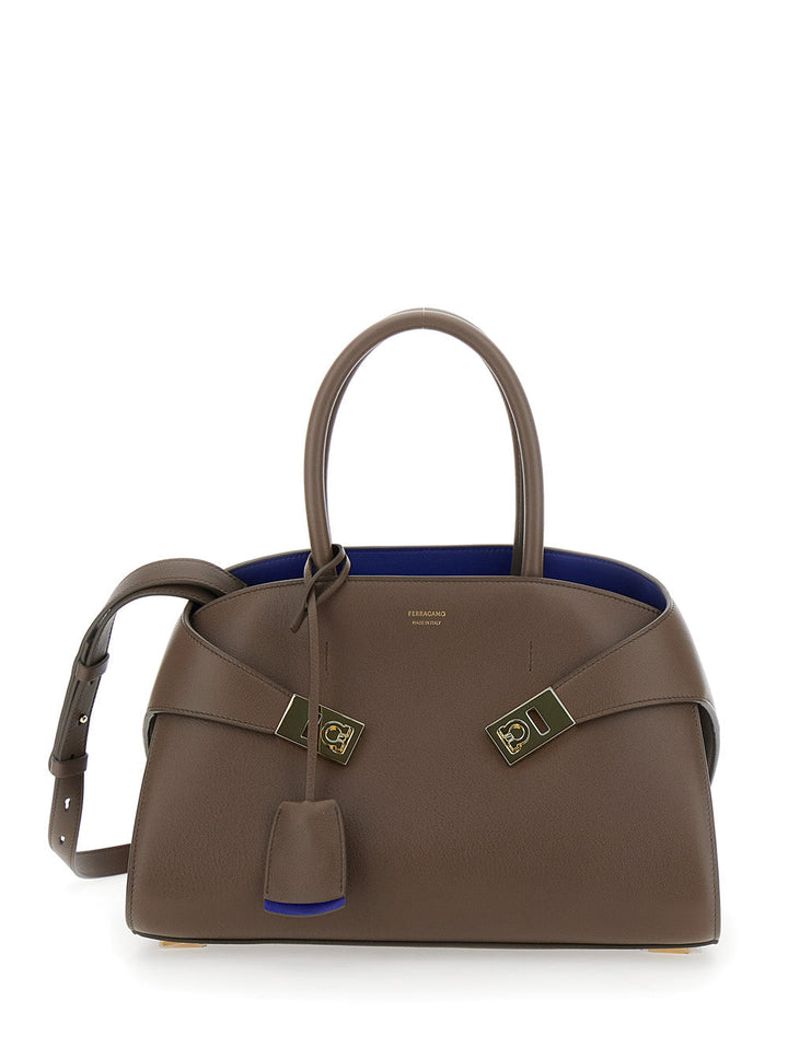 Ferragamo Women 'Hug S' Brown Handbag With Logo And Gancini Buckle In Leather Woman