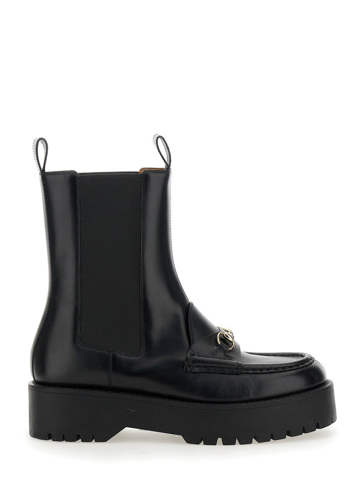 Gucci Women Black Ankle Boots With Horsebit And Lug Sole In Leather Woman