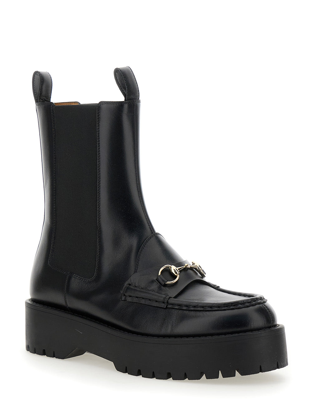 Gucci Women Black Ankle Boots With Horsebit And Lug Sole In Leather Woman