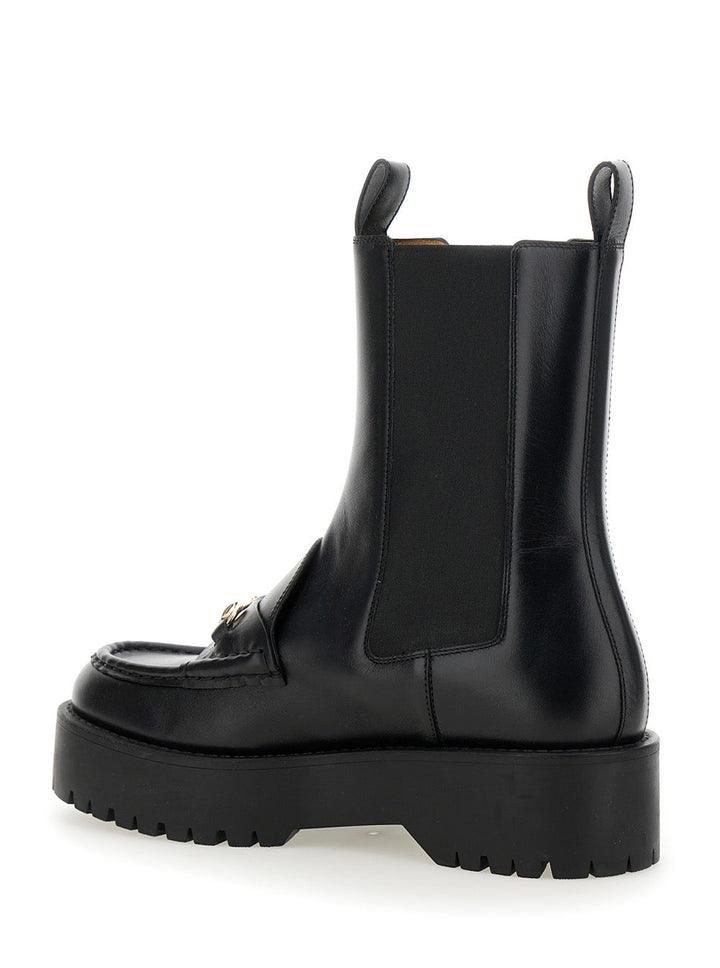 Gucci Women Black Ankle Boots With Horsebit And Lug Sole In Leather Woman
