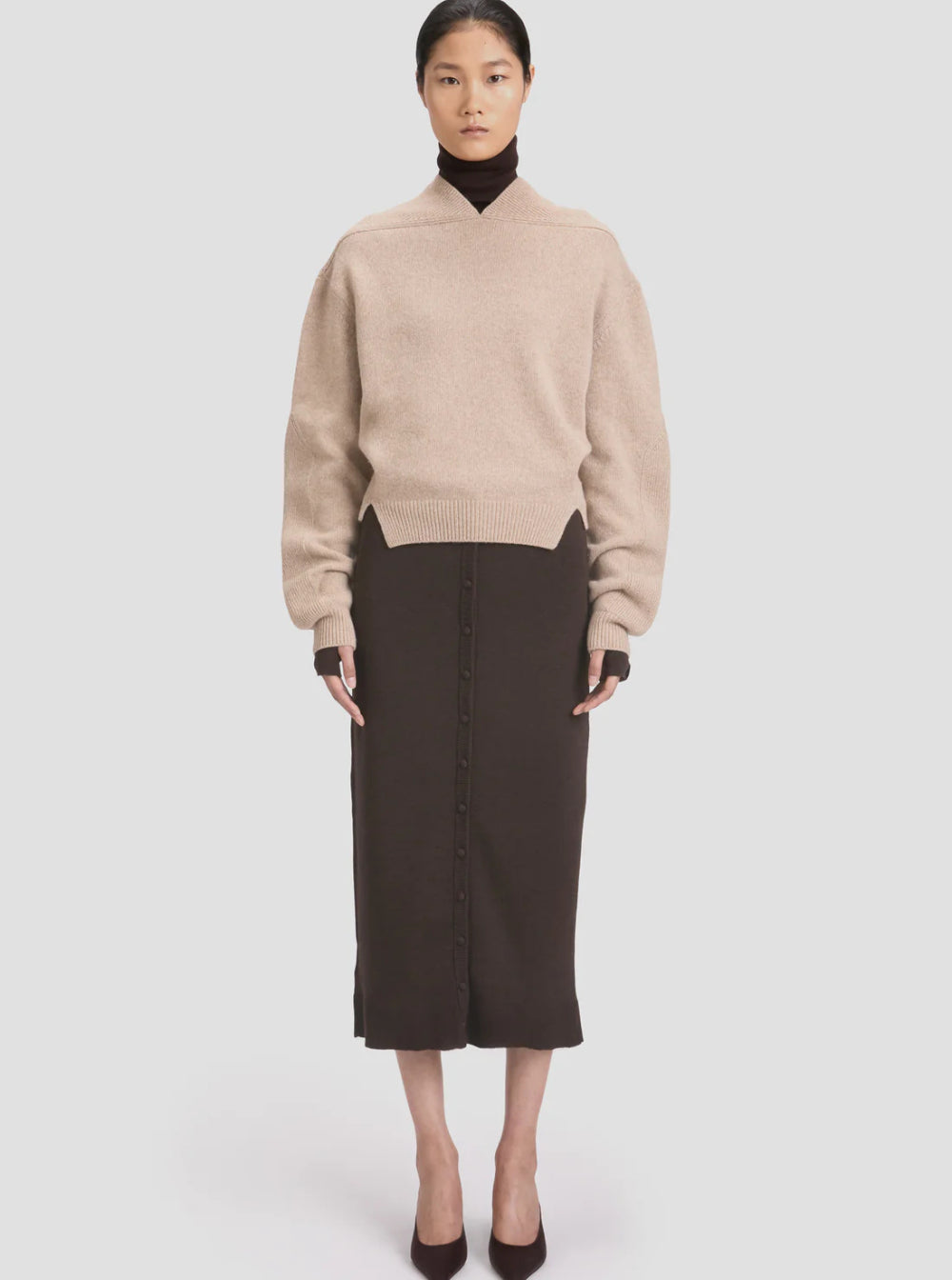 Victoria Beckham Women Beige Knit Sweater With V Neck On Front And Rear In Cashmere And Wool Woman
