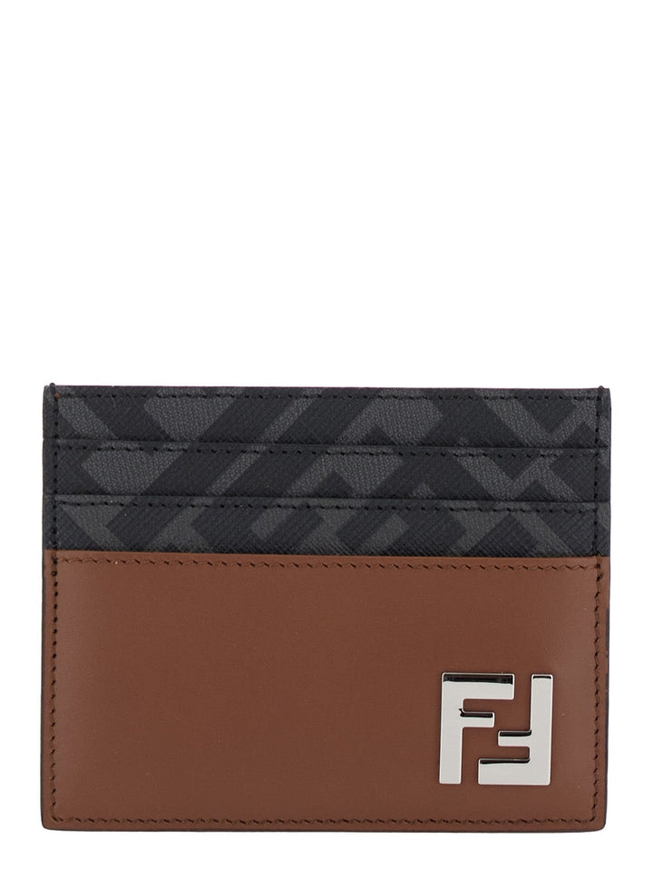 Fendi Men Brown Card Holder With Ff Plaque On The Front In Leather And Ff Canvas Man