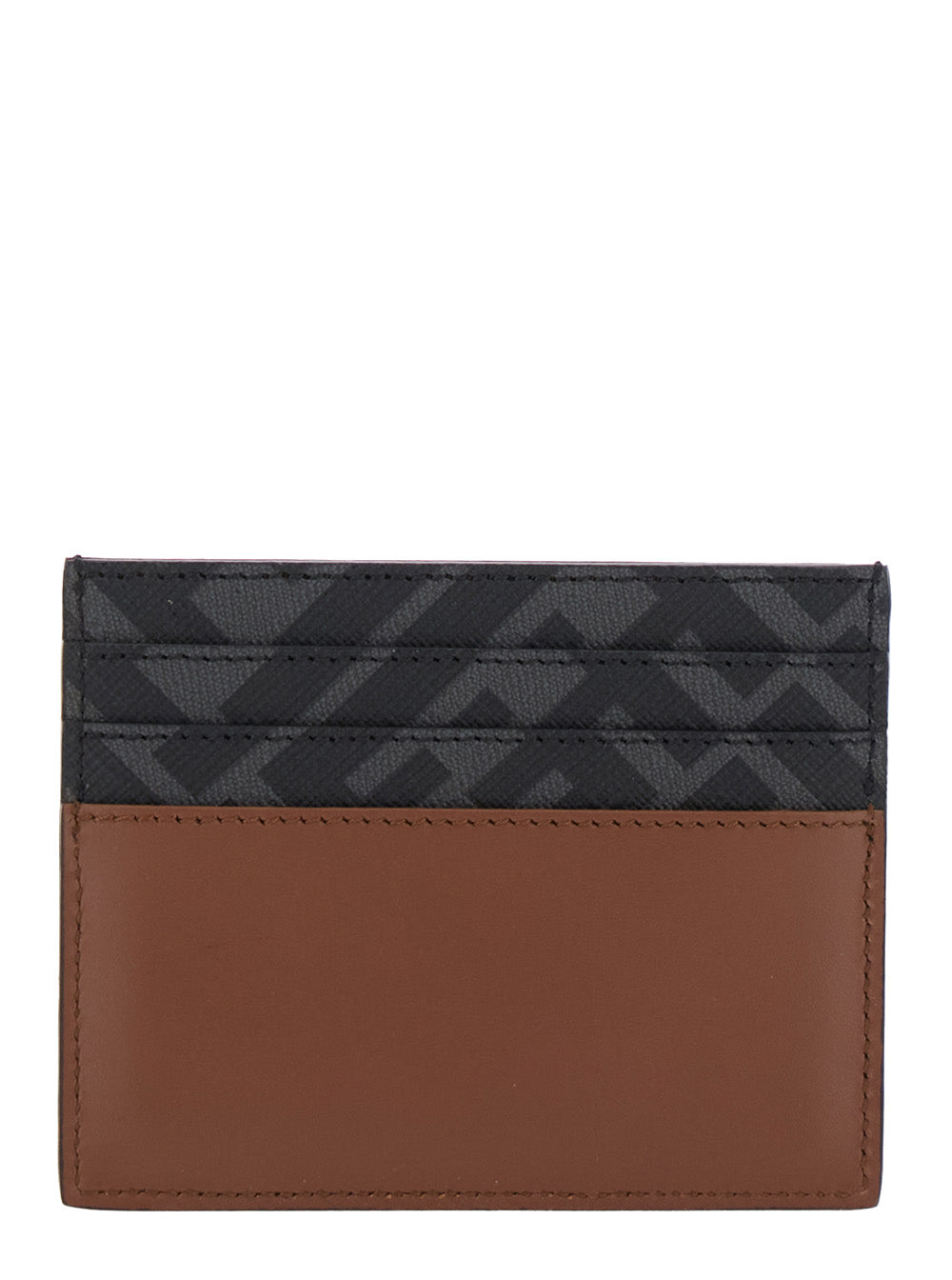 Fendi Men Brown Card Holder With Ff Plaque On The Front In Leather And Ff Canvas Man