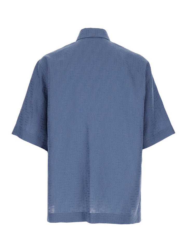 Fendi Men Blue Shirt With Pointed Collar And All-Over Ff Motif In Linen Blend Man