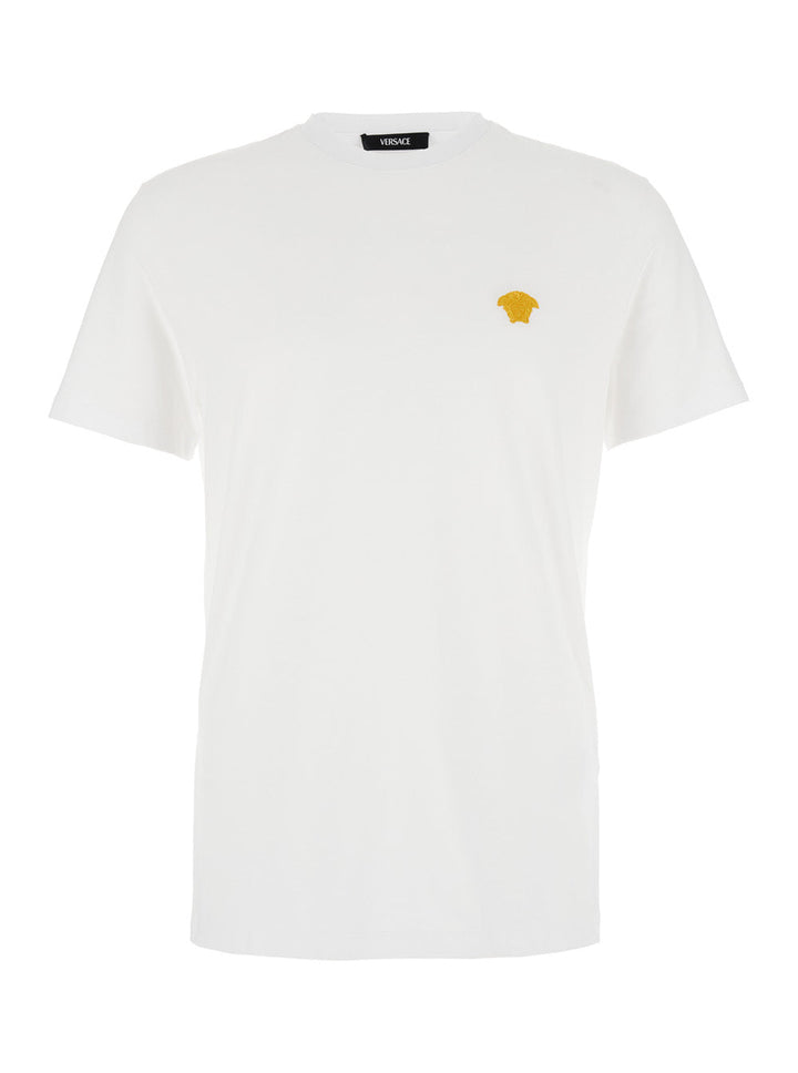 Versace Men White Crewneck T-Shirt With Medusa Embroidery On The Front In Cotton Man