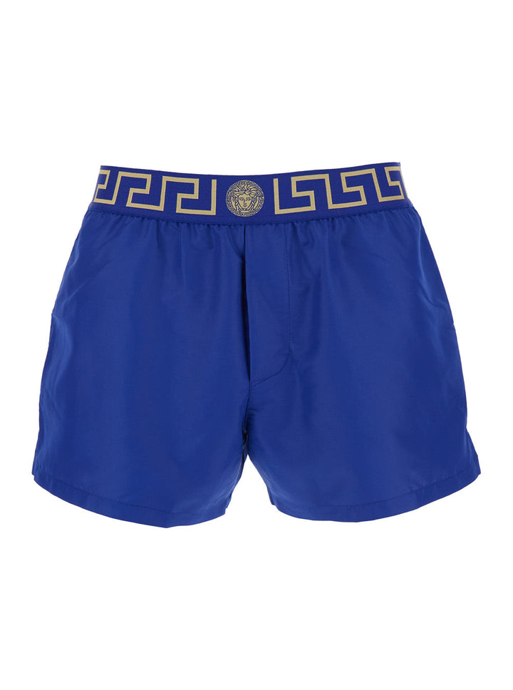 Versace Men Blue Swim Shorts With Elastic Waist With Greca Motif In Tech Fabric Man