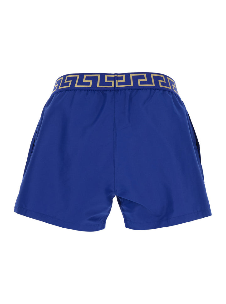 Versace Men Blue Swim Shorts With Elastic Waist With Greca Motif In Tech Fabric Man