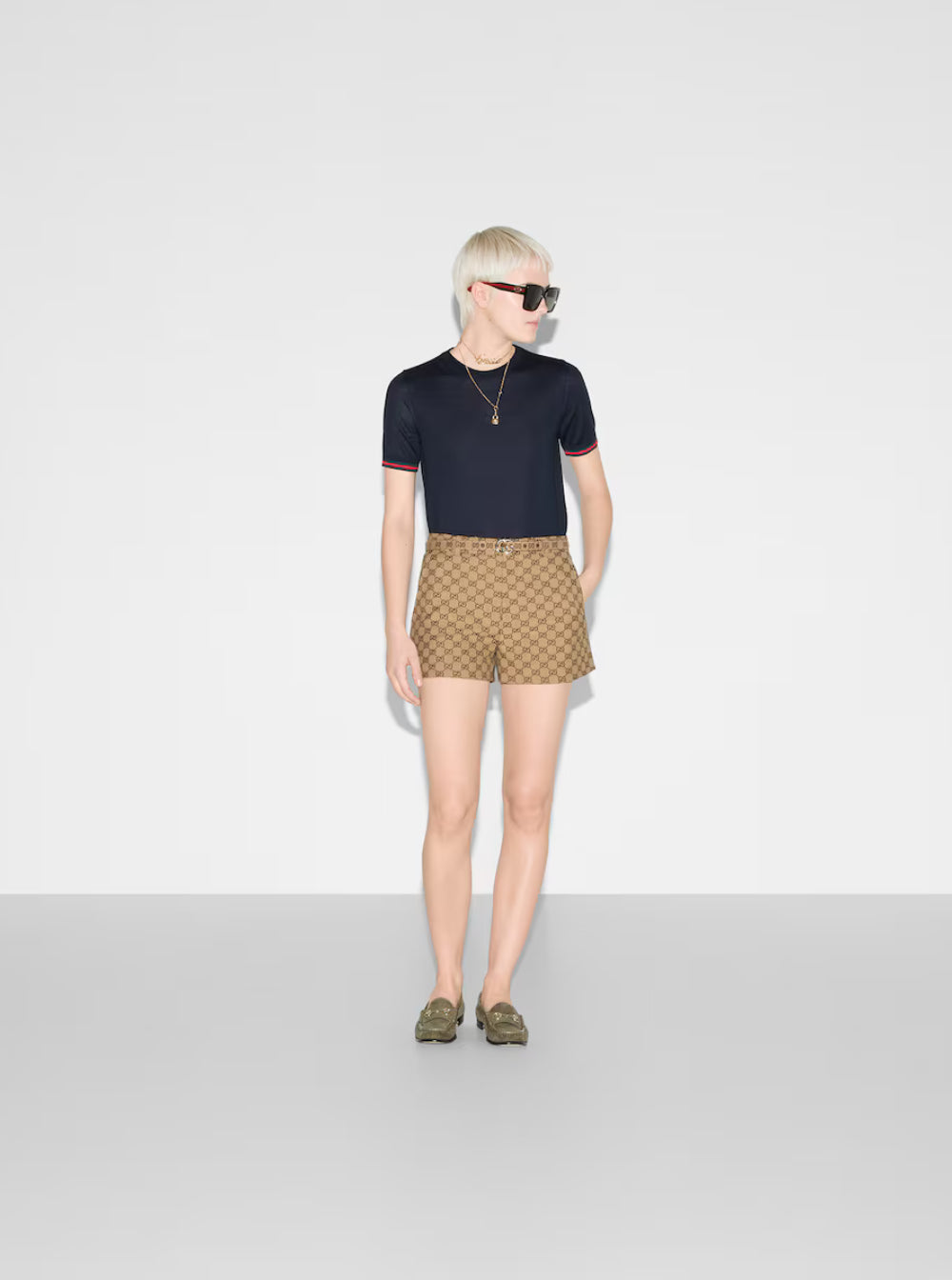 Gucci Women Blue T-Shirt With Web Detail On The Edges In Cashmere And Silk Blend Woman